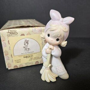 Vintage Precious Moments 1984 Figurine Isn't He Precious? E-5379 Girl With Broom